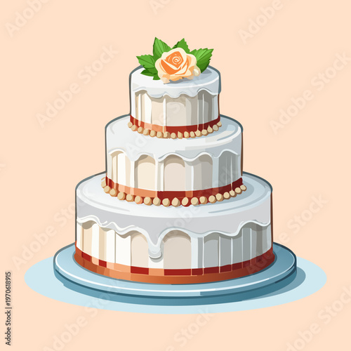 Three tier white wedding cake with flower decoration for celebration and party menu - Vector Illustration