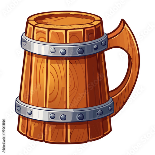 Traditional wooden tankard for beer and cider festival or tavern menu design elements - Vector Illustration