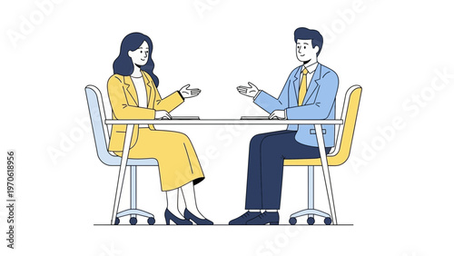 Business meeting: man and woman discussing at table, teamwork, collaboration, office environment