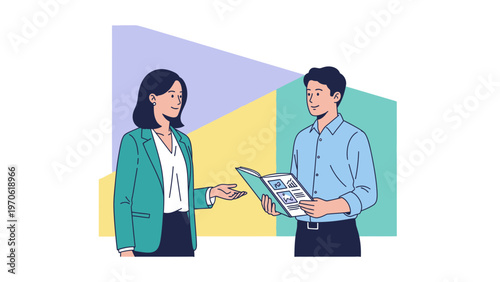 Business meeting: colleagues discussing project in modern office, presentation