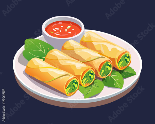 Authentic vegetable spring rolls with sweet chili sauce for delicious asian appetizers and snacks - Vector Illustration
