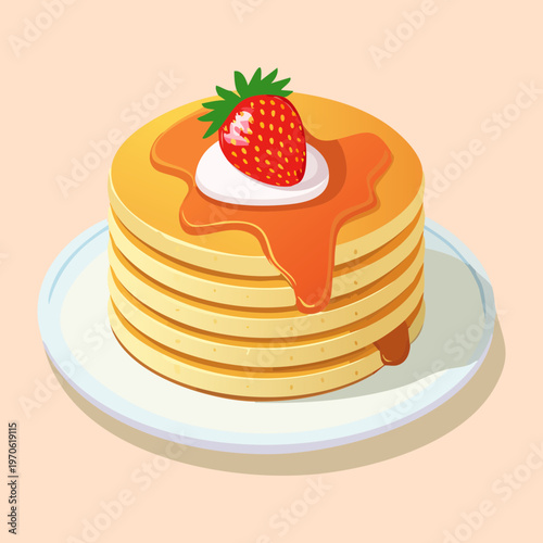 Stack of golden pancakes with syrup and strawberry for delicious breakfast and pancake day celebration - Vector Illustration