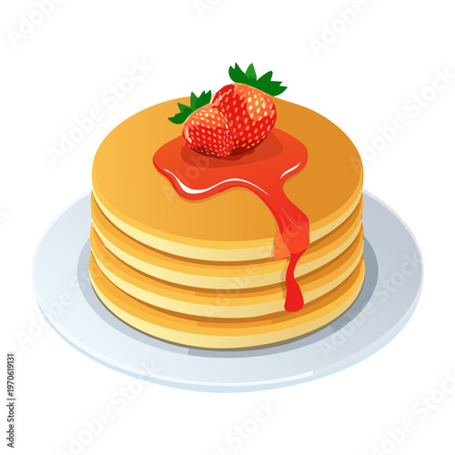 Homemade pancakes with melting butter and strawberry garnish for sweet morning meal and cafe - Vector Illustration