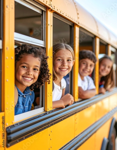 Four children, smiling, look out school bus windows