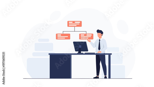 Businessman Organizing Workflow with Computer and Organization Chart