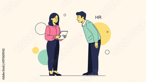 HR professional interviewing a candidate, modern flat illustration