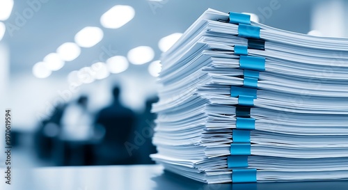 Large stack of organized documents with blue binders on a table in office setting