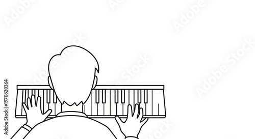 Man playing piano, black and white illustration, top view