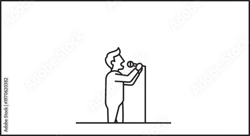 Man Speaking into Microphone at Podium - Minimalist Line Art Illustration