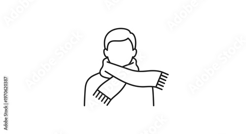 Man wearing a scarf, winter fashion, cold weather protection, simple line art icon