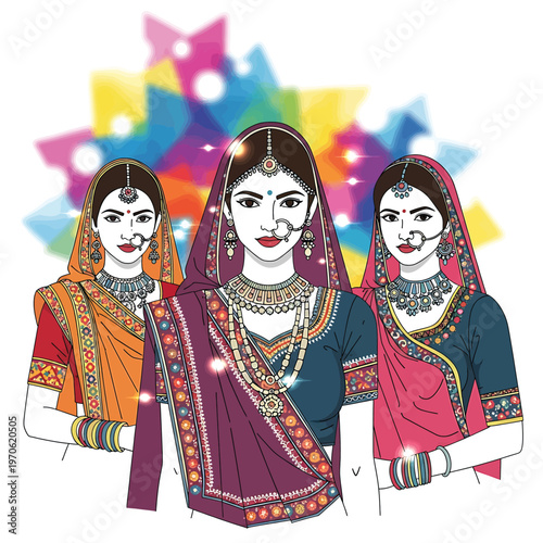 Three Indian Women in Traditional Sarees.