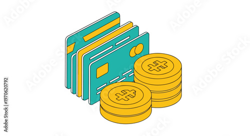 An isometric vector featuring several teal credit cards behind two stacks of gold coins, representing financial banking and electronic payments.