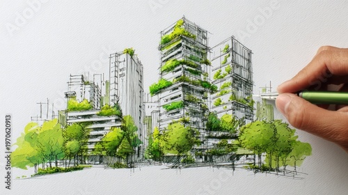 Hand-drawn sketch of modern urban development with lush green trees and contemporary architecture emphasizing sustainability and eco-friendly design