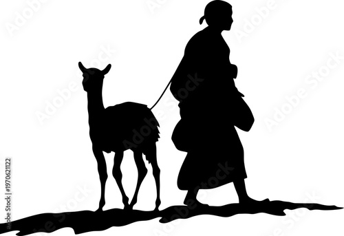 Silhouette of a Native South American Character Leading a Llama