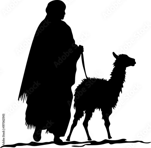 Silhouette of a Native South American Character Leading a Llama