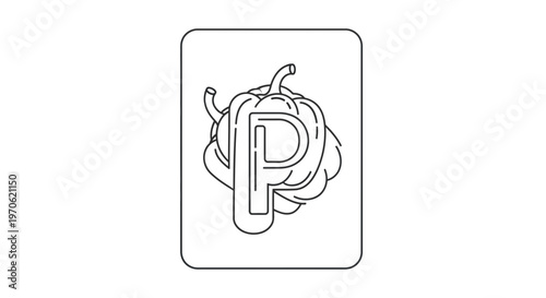 Letter P with Pumpkin Outline Icon, Alphabet, Fall Harvest, Autumn Vegetable