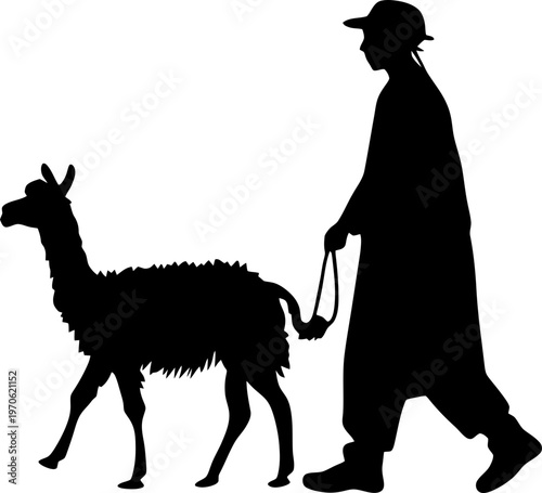 Traditional Andean Herder Walking with an Alpaca Silhouette Isolated on White