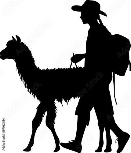 Traditional Andean Herder Walking with an Alpaca Silhouette Isolated on White