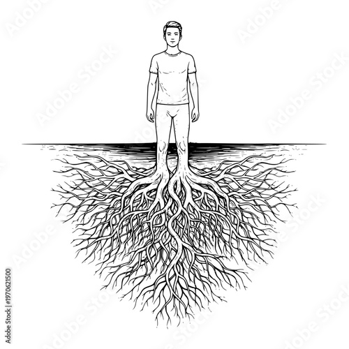 Grounded in Nature: Conceptual Illustration of a Man with Powerful Tree Roots Extending from His Legs, Symbolizing Connection, Growth, and Stability