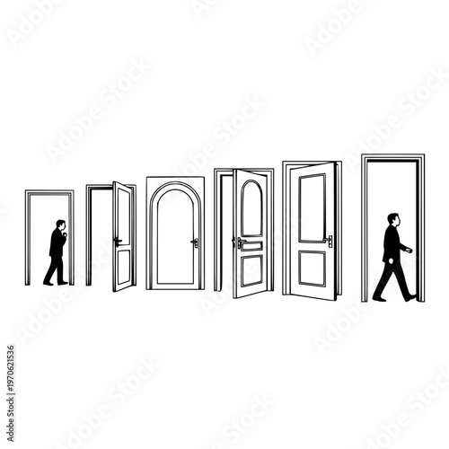 Man steps into a doorway contemplating endless choices and new opportunities, a symbolic representation of future paths and decisions.