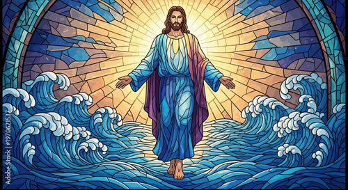 Jesus Christ walking on water stained glass style illustration
