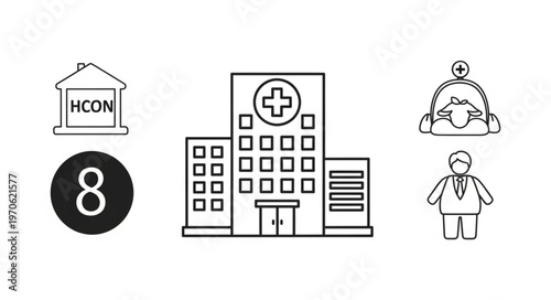 Healthcare Icons - Hospital, Doctor, and Medical Symbols in Black and White.