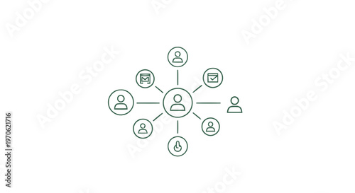 Conceptual illustration of a network of connected people and icons.