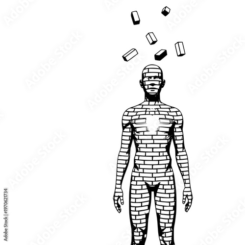 Man made of bricks with falling blocks and an illuminated chest void, symbolizing vulnerability, breakdown, inner light, and emotional fragility