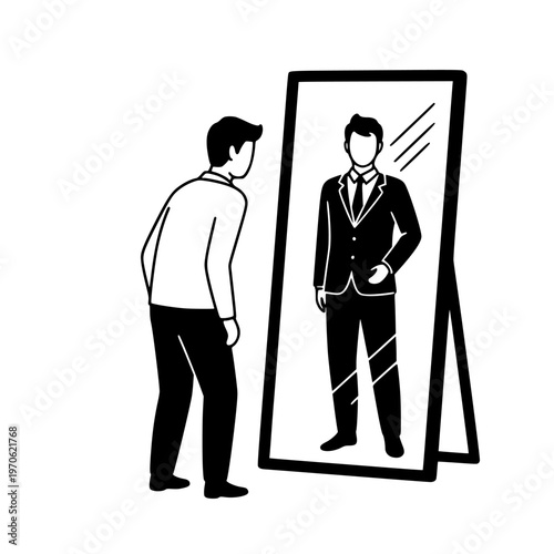 Ambitious man gazes into a mirror, envisioning his future professional self in a sophisticated business suit, symbolizing growth and career goals.