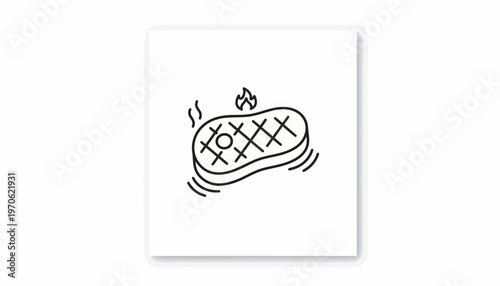 Hand-drawn steak icon with grill marks and flame, sizzling and cooking