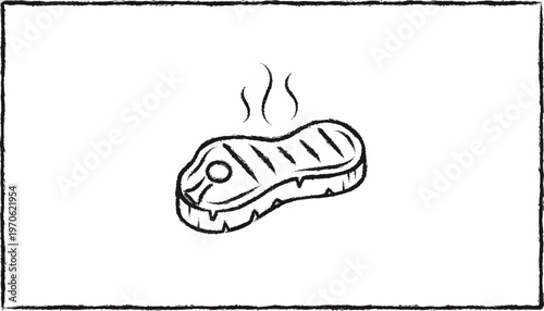 Hand-drawn sketch of a sizzling steak with steam rising, isolated on white background.