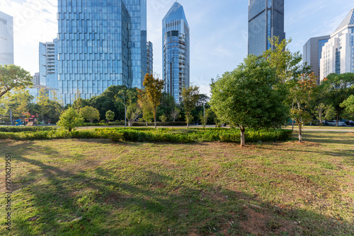 city park with modern building background in shanghai