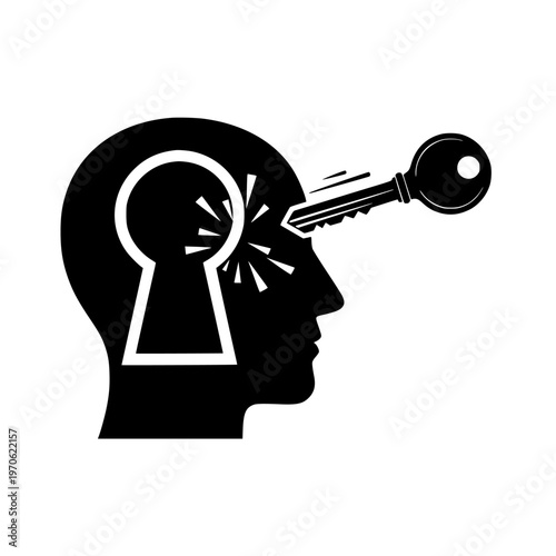 Unlocking the Mind: Key Inserting into Human Head Keyhole, Symbolizing Problem Solving, Breakthrough Ideas, Insight, and Access to Knowledge.