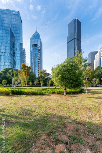 city park with modern building background in shanghai