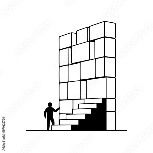Silhouette figure approaching a towering block structure with stairs leading into a dark opening, symbolizing a challenging path or hidden opportunity.