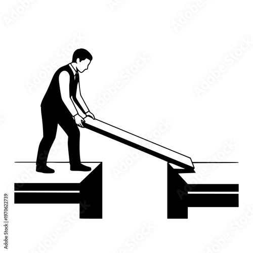 Determined businessman strategically bridging a challenging gap with a wooden plank, symbolizing innovative problem-solving and overcoming obstacles for business success.