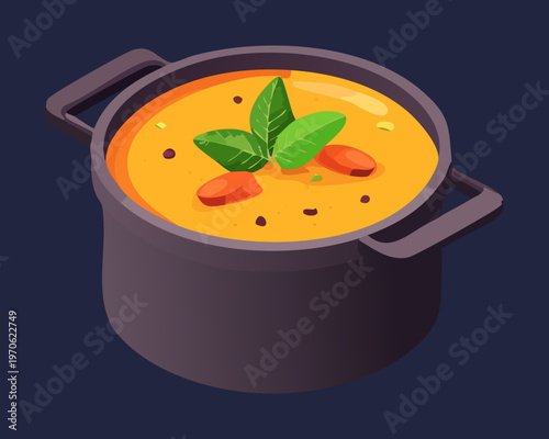 Hot pot of vegetable soup for family dinner and healthy eating marketing and restaurant menu - Vector Illustration