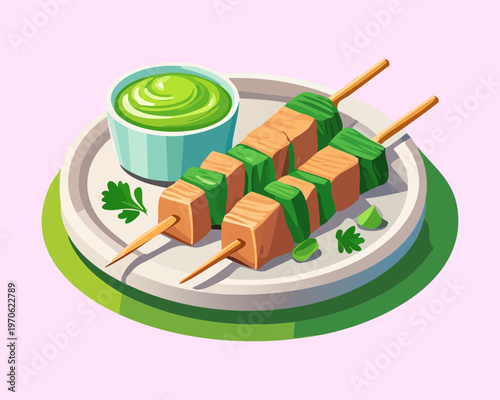 Tasty meat skewers with green sauce for barbecue grill menu and catering service promotion design - Vector Illustration