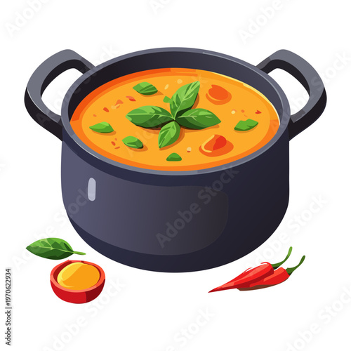 Pot of vegetable soup for healthy meal and restaurant menu and home cooking recipe theme - Vector Illustration