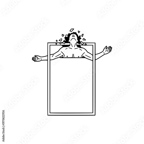 Symbolic line art of a person breaking free from a restrictive frame, head shattering into geometric shards, representing liberation, awakening, and overcoming limitations.
