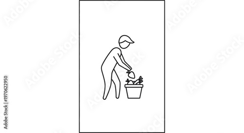 Gardener planting seedling in pot, illustration, line art, gardening concept