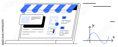 E-commerce, online shopping, digital marketplace, sales growth, data analysis, business trends. Laptop with storefront elements and growth chart. E-commerce and online shopping concept