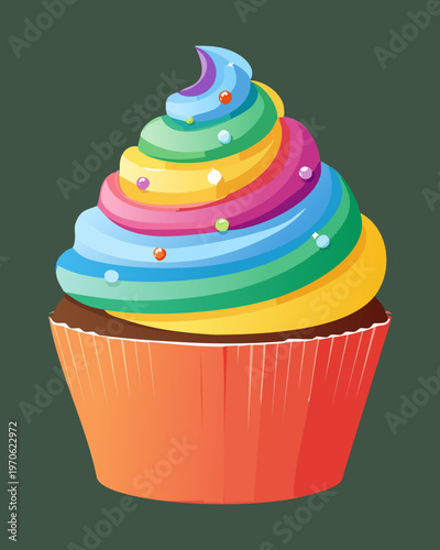 Colorful rainbow cupcake for birthday party and sweet bakery shop and dessert menu design - Vector Illustration