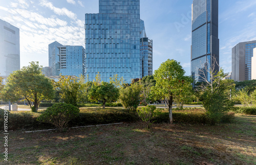 city park with modern building background in shanghai