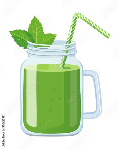 Healthy green smoothie in a glass jar for detox diet and wellness center promotion design - Vector Illustration