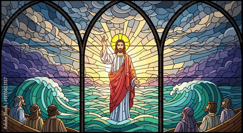 Jesus Christ standing on water with disciples in a stained glass style