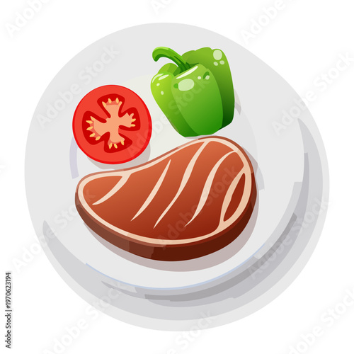 Grilled beef steak with tomato and green pepper on a plate for restaurant dinner menu concepts - Vector Illustration