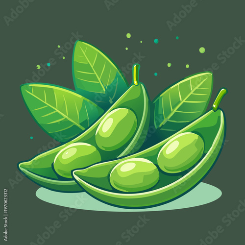 Fresh green edamame soybeans in pod with leaves for healthy Japanese snack and vegan protein - Vector Illustration