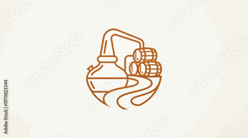 Minimalist Distillery Logo with Still Barrels and Stream