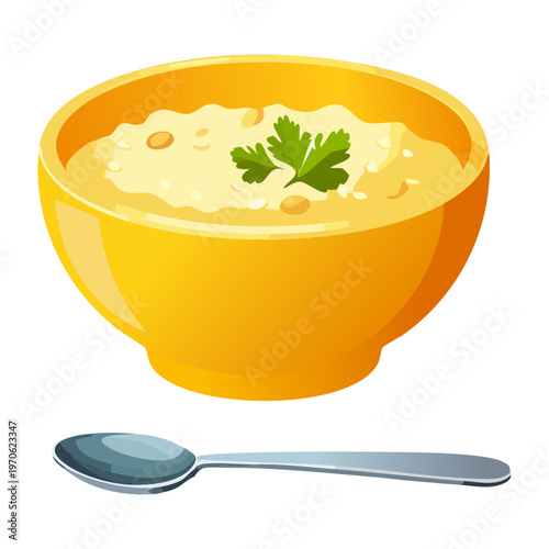 Bowl of nutritious yellow porridge or soup with garnish for breakfast and healthy lifestyle food concepts - Vector Illustration